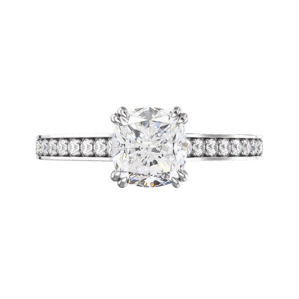 Double Prong Cushion Cut Diamond Engagement Ring with Channel Set Diamond Half Band