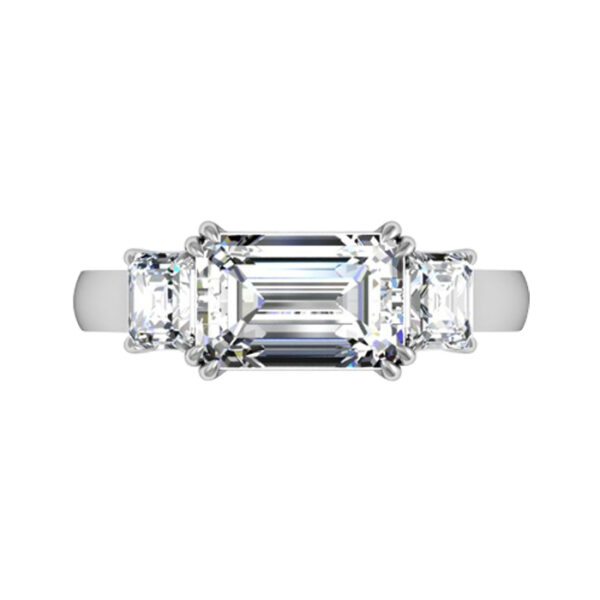 Horizontal Emerald Cut Diamond Three Stone Engagement Ring white