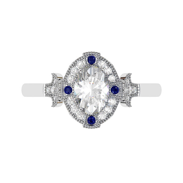 Sapphire and Diamond Halo with Fleur de Lis Detailing white