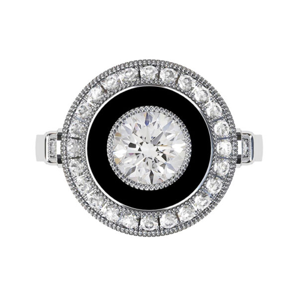 Vintage Style Round Diamond Onyx Migrain Beaded Target Ring white copy