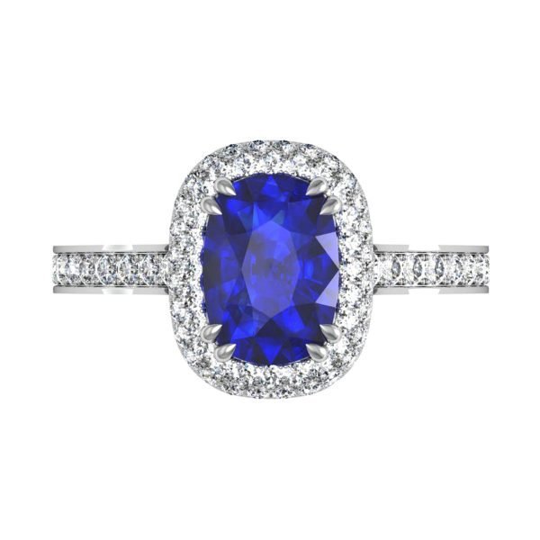 Cushion Cut Blue Sapphire Engagement Ring with Micro Pave Set Halo 2