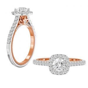 halo engagement ring with milgrain and filigree detail rose gold