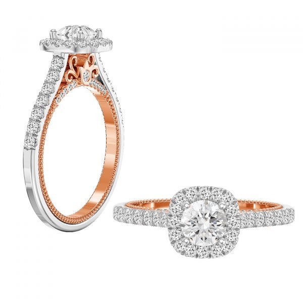 halo engagement ring with milgrain and filigree detail rose gold