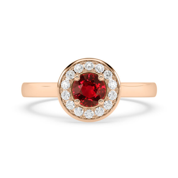 Ruby halo ring in rose gold