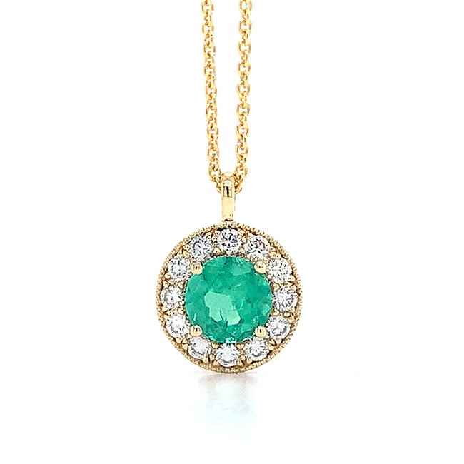 emerald halo necklace yellow gold