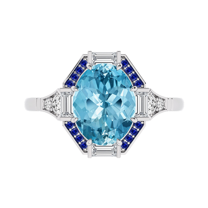 art deco aquamarine dress ring with blue sapphire highlights
