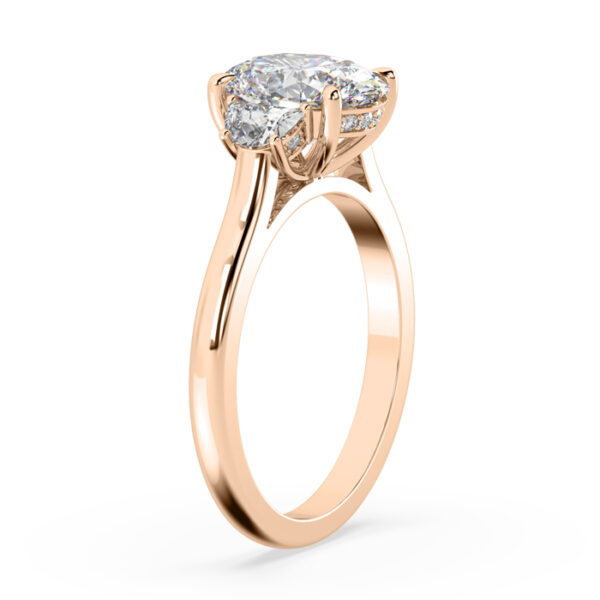 Oval Diamond Three Stone Ring with Half Moon Side Stones 3