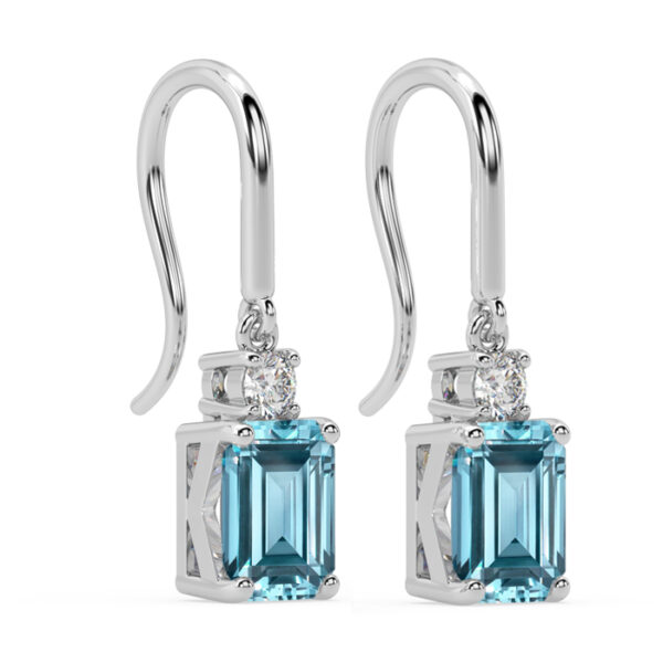 Emerald Cut Aquamarine Drop Earrings with Round Diamond 3