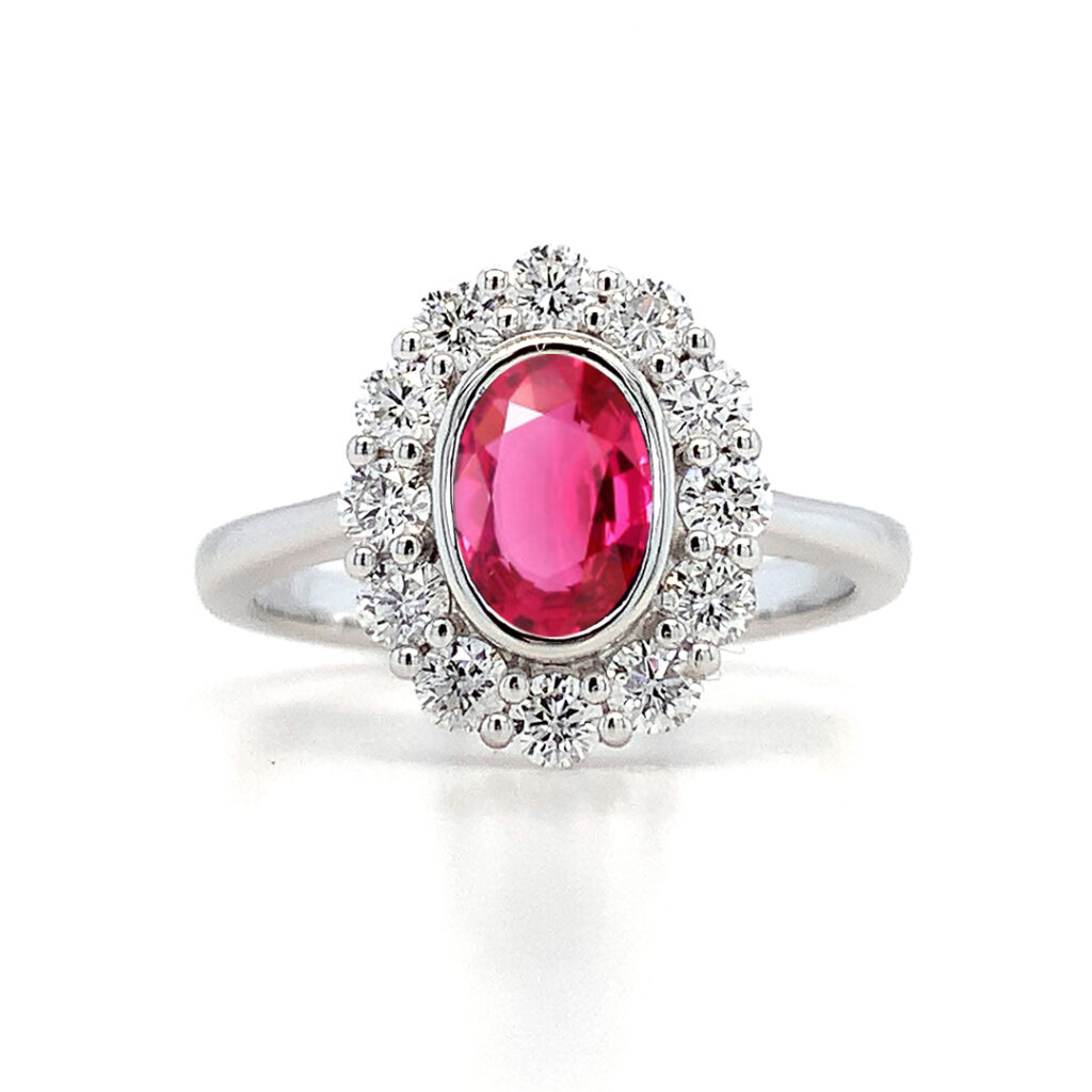 bezel set spinel diamond halo ring