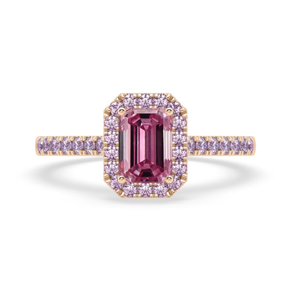 emerald cut pink diamond halo ring